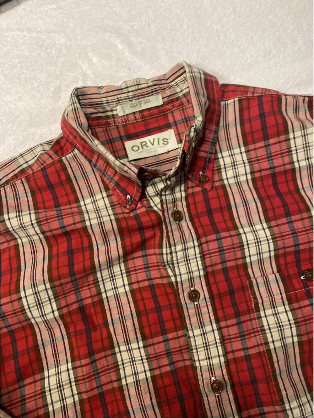 Orvis Mens Large Button Up Shirt Red Plaid L Long Sleeve